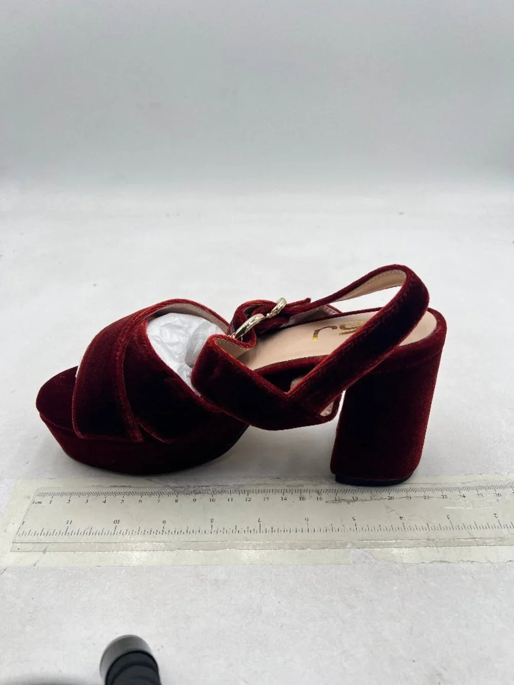FSJ Brown/Red Peep Toe Chunky High Heels Platform Ankle Strap Velvet Sandals